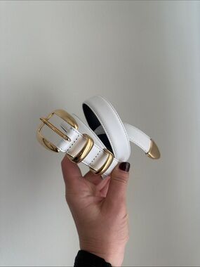 White Leather Alice + Olivia Belt with Gold Buckle